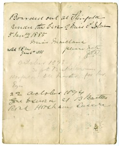 Back page of the application form from case file 419, dated 1885-1894, giving dates for the child's admission to St Bartholomew's Hospital 'to be treated for her eyes'