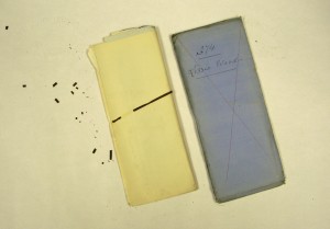 Case file with remains of degraded rubber band