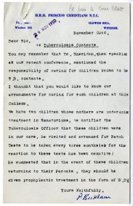 Letter about the care of children who had been in contact with tuberculosis, taken from the medical file for HRH Princess Christian's Training College and Infant Nursery, Windsor, 1950