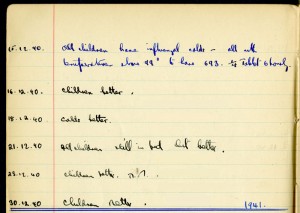 Page from the medical book for Sunnyside Nursery, Box, Wiltshire, noting an outbreak of influenzal colds at the home, December 1940