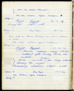 Page from a day and night log book for Sunnyside Nursery for Disabled Children, Box, Wiltshire, 1974