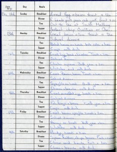 Page from a dietary diary for Harvey Goodwin Home, Cambridge, 1971