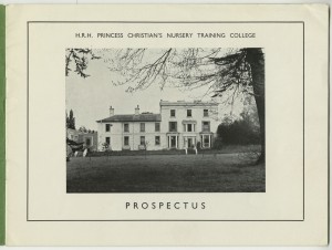 Page from a prospectus for HRH Princess Christian's Nursery Training College, Windsor, including a photograph of the exterior of the college, c1950s