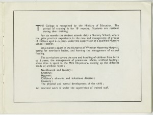 Page from a prospectus for HRH Princess Christian's Nursery Training College, Windsor, including a list of the subjects on the curriculum, c1950s