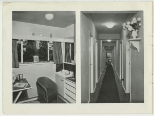 Page from a prospectus for HRH Princess Christian's Nursery Training College, Windsor, including photographs of a student bedroom and the corridor leading to it, c1950s