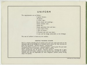 Page from a prospectus for HRH Princess Christian's Nursery Training College, Windsor, including details of the students' uniform, c1950s