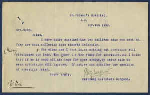 Letter from case file 9953, mentioning proposed treatments for two children with rickets at St Thomas' Hospital, London, 1903