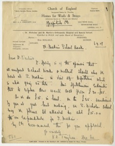 Letter discussing the need to burn school books thought to cause an outbreak of diphtheria at St Nicholas' and St Martin's Orthopaedic Hospital and Special School, Pyrford, Surrey, 1927