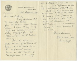 Letter from Medical Superintendent of Newport Borough Asylum stating that the child should be admitted to an asylum, 1917