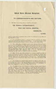 List of Rules for Correspondents and Visitors to West Ham Mental Hospital, c1920