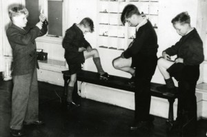 Four boys giving themselves an injection at St George's Home for Diabetic Boys, Kersal, Manchester, Lancashire, c1950s