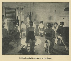 Photo of girls undergoing artificial light therapy at Halliwick School for Girls, Winchmore Hill, London, taken from the school's annual report, 1937