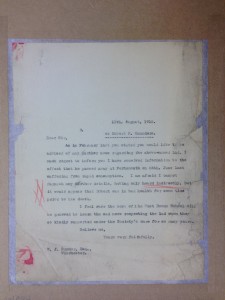Typed letter, which has been lined on the back