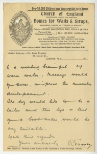 Letter about treatments for John's feet and legs, 1920, from case file 17217