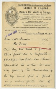 Letter about treatments for John's feet and legs, 1920, from case file 17217