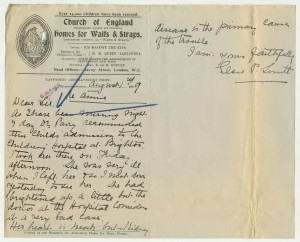 Letter from the matron of Nayworth Convalescent Home, discussing Annie's admission to the children's hospital in Brighton, 1909, from case file 12767