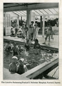 Children undergoing hydrotherapy treatment at St Nicholas' and St Martin's Orthopaedic Hospital and Special School, Pyrford, Surrey, c1930s