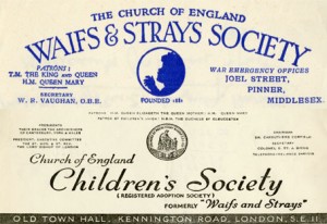 Branding from the 1940s showing the change in name from the Waifs and Strays Society to The Children's Society