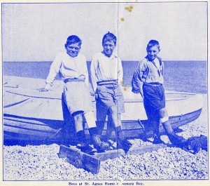 Photograph from a leaflet advertising the Children’s Union, showing boys on the beach at St Agnes’ Convalescent Home, Pevensey Bay, Sussex, c1936