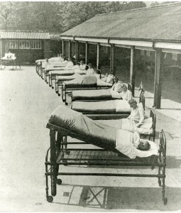 Children receiving fresh air treatment in the outdoor ward of St Nicholas' Home, Pyrford, Surrey, early 20th Century