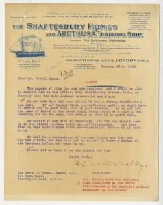 Alfred’s acceptance letter from the Arethusa Navy Training ship, 1922 (case number 20702)