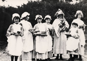 Girls at St. Nicholas’ Orthopaedic Hospital and Special School, Pyrford, Surrey; with a kid goat third from the right [c1910s]