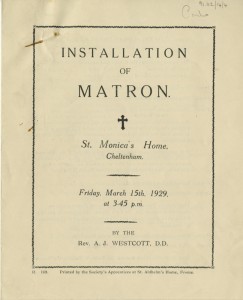 Order of service for the Installation of Matron to St Monica's, 1929
