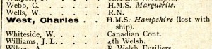 Extract from the Society's Roll of Honour - the entry for Charles West who died with Lord Kitchener on HMS Hampshire