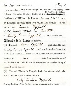 An agreement placing Emma in the Society's Central Home for Waifs and Strays, dated 6 December 1882. 