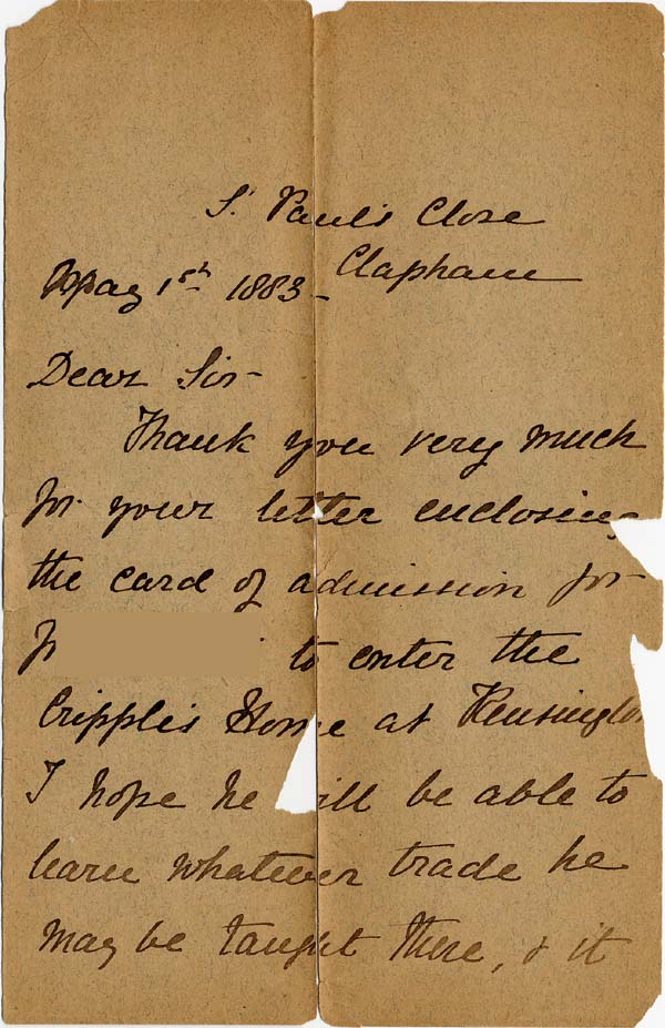 Large size image of Case 2 6. Letter from Miss S.  1 May 1883
 page 1