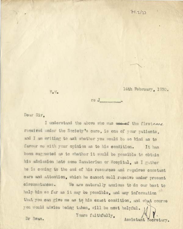 Large size image of Case 2 47. Letter to Dr Swan  14 February 1930
 page 1