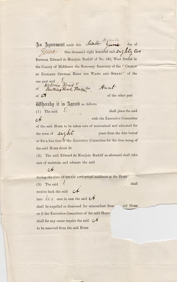 Large size image of Case 49 2. An agreement to place A. in the care of the Society  7 June 1882
 page 1