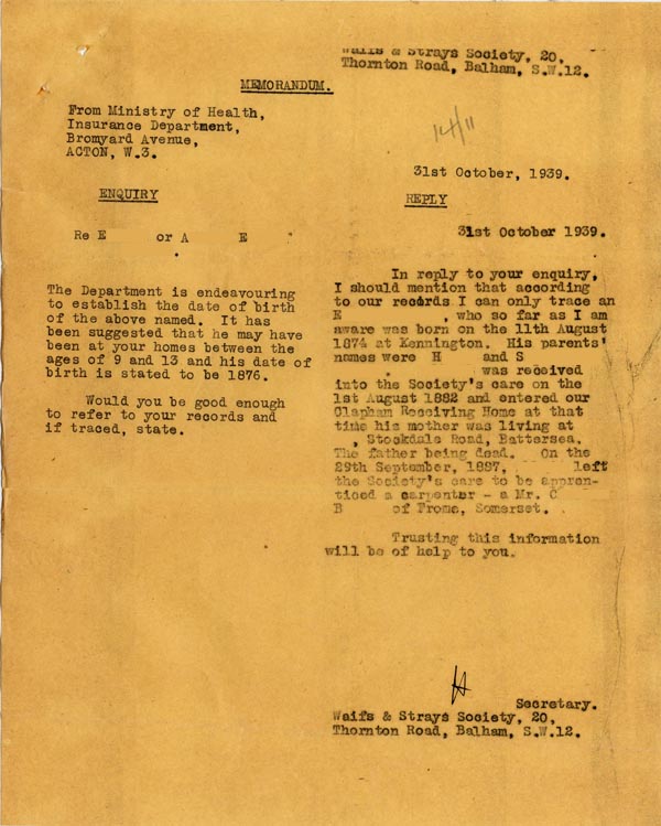 Large size image of Case 67 4. Memorandum from Ministry of Health 31 October 1939
 page 1