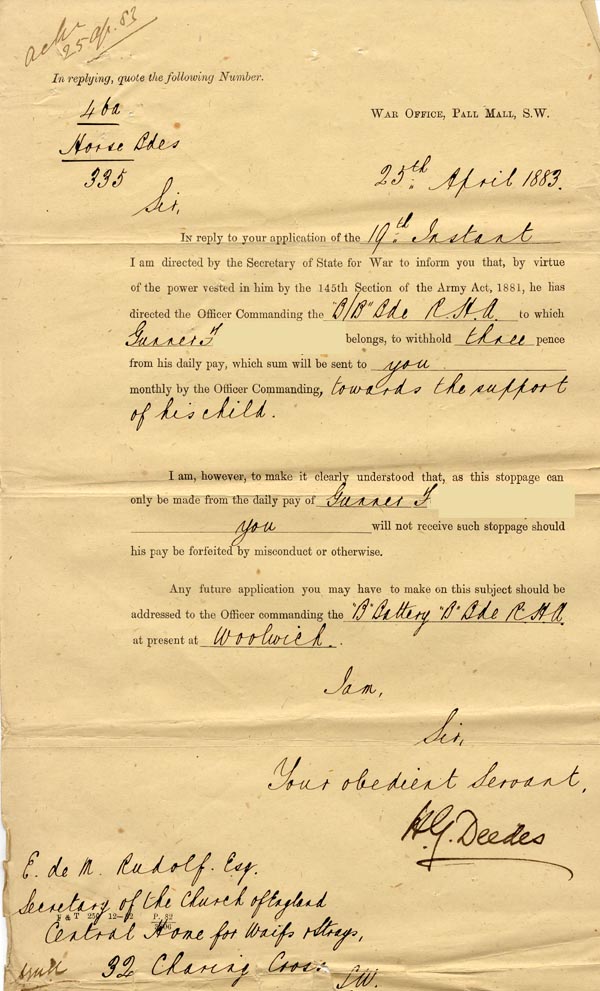 Large size image of Case 86 3. Letter from the War Office 25 April 1883
 page 1
