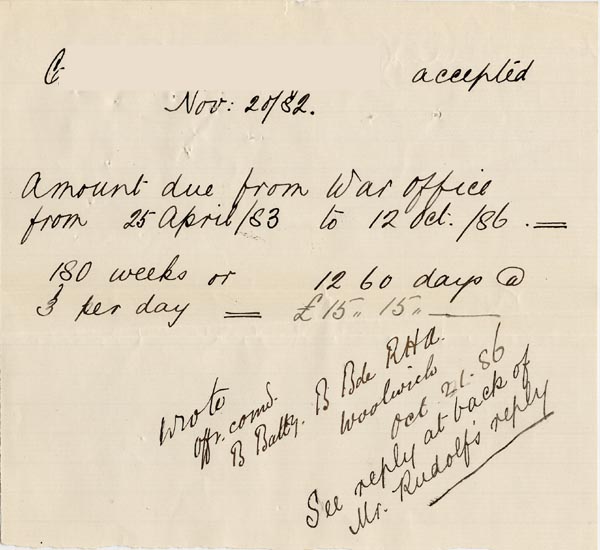 Large size image of Case 86 5. Receipt from War Office 21 October 1886
 page 1