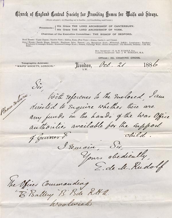 Large size image of Case 86 6. Letter from Edward Rudolf to the Royal Horse Artillery 21 October 1886
 page 1