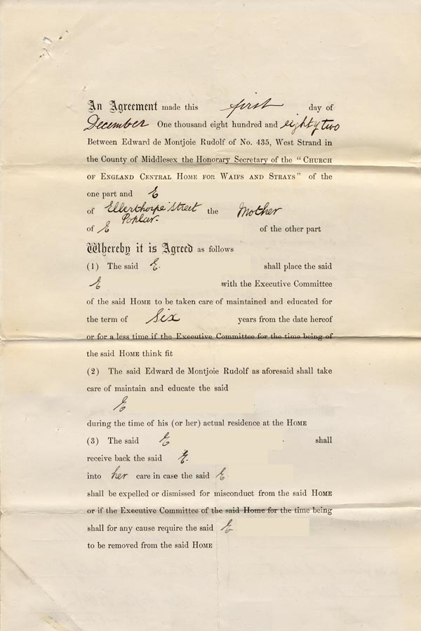 Large size image of Case 89 2. Agreement for E. to go into the Society's care 1 December 1882
 page 1