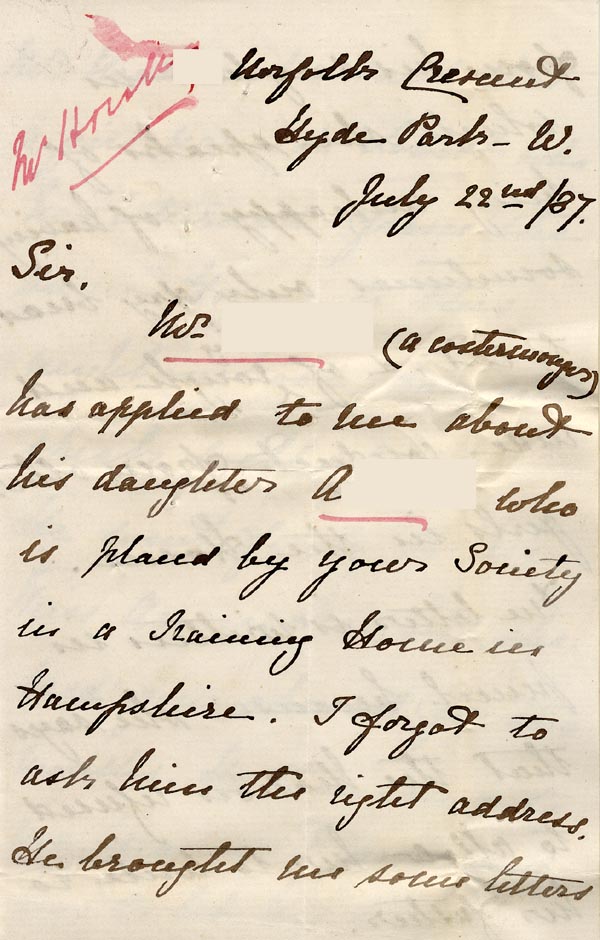 Large size image of Case 175 2. Letter from Miss H.  22 July 1887
 page 1