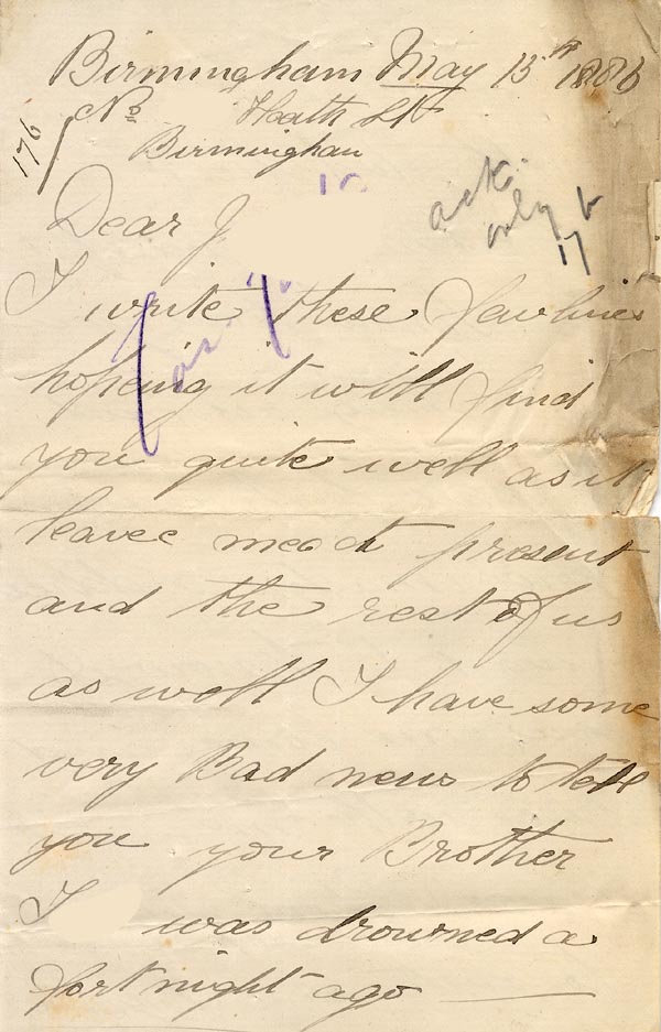 Large size image of Case 176 2. Letter from J's brother 13 May 1886
 page 1