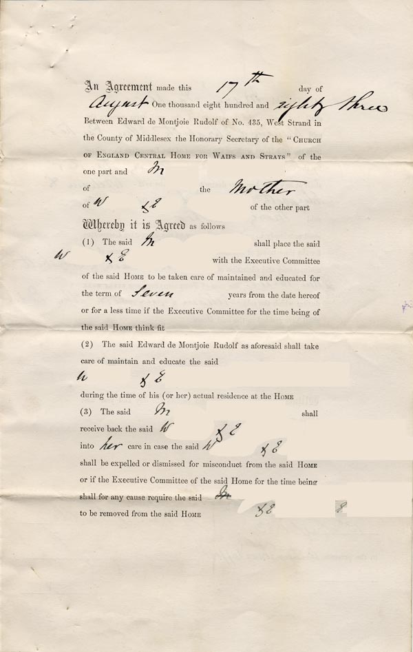 Large size image of Case 189 1. Agreement for E. to go into the Society's care 17 August 1883
 page 1