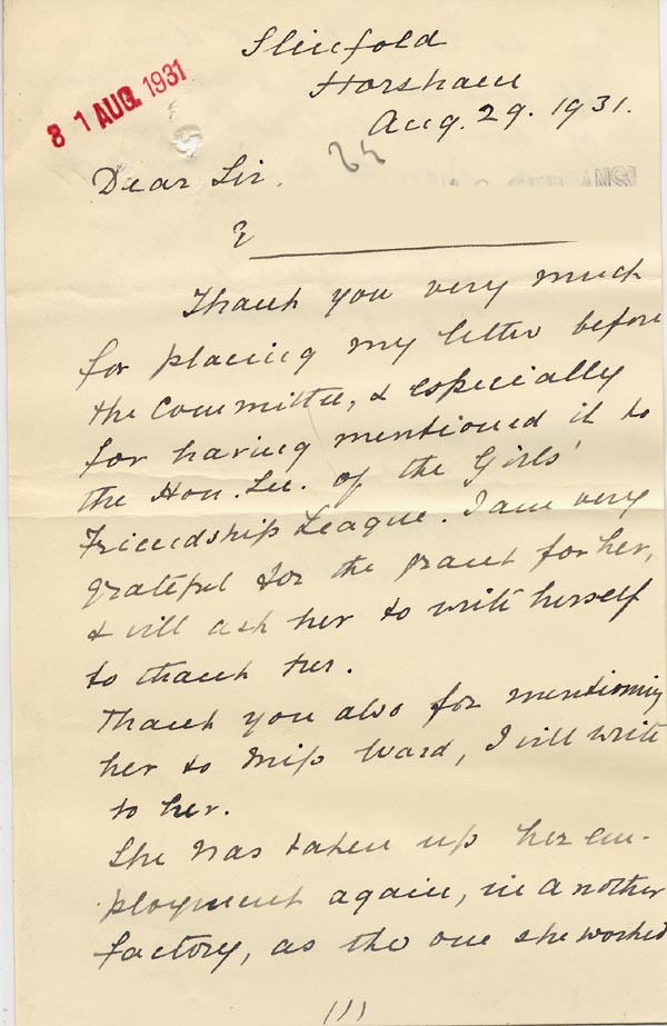 Large size image of Case 189 13. Letter from Miss J. 29 August 1931
 page 1