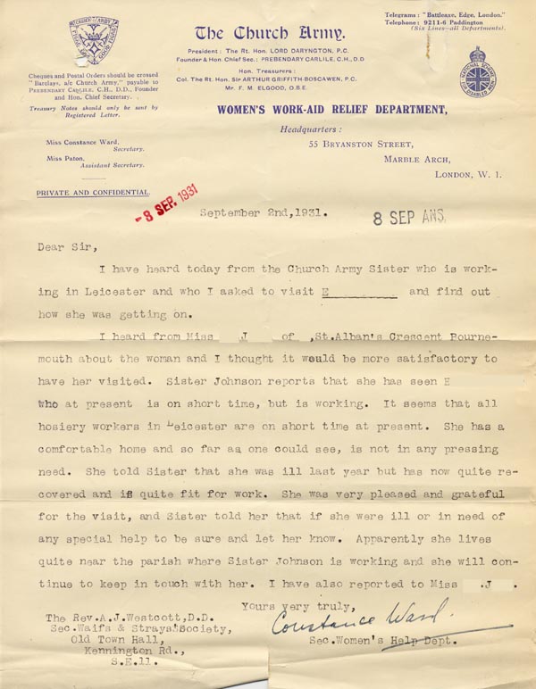 Large size image of Case 189 17. Letter from the Church Army, Women's Work-Aid Relief, 2 September 1931
 page 1