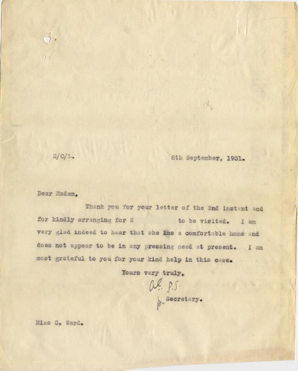 Large size image of Case 189 21. Letter to Miss Ward 8 September 1931
 page 1