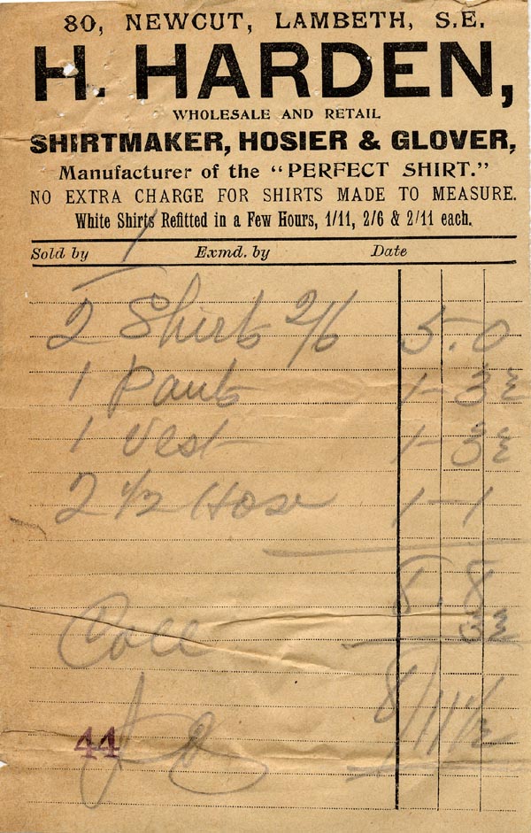 Large size image of Case 201 5. Receipt from H.Harden, Shirtmaker 8 November 1904
 page 1