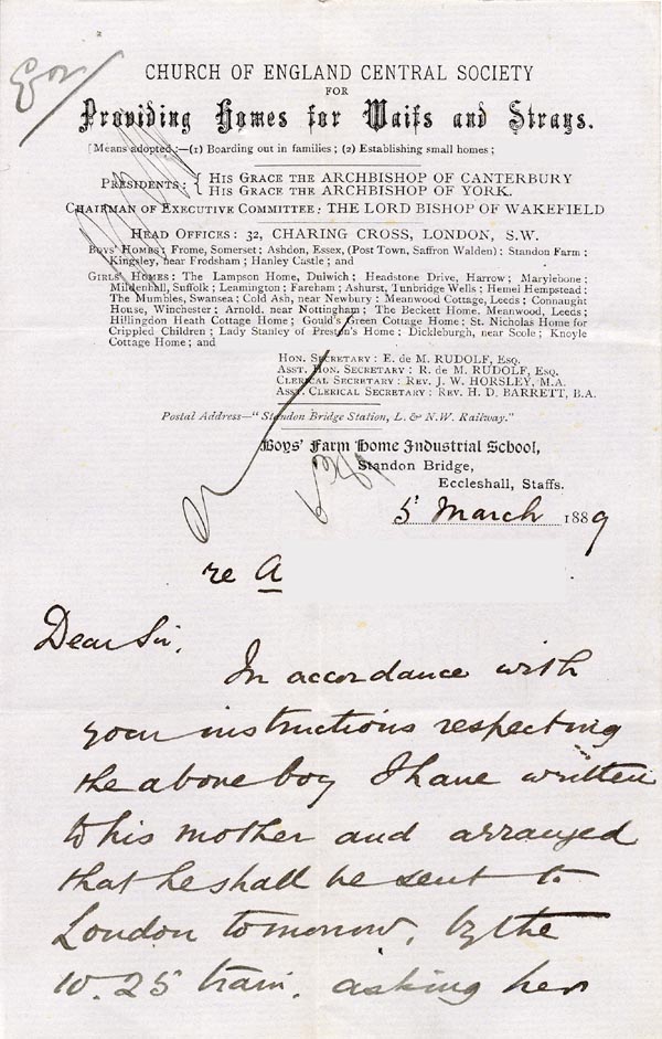 Large size image of Case 224 3. Letter from Standon Home 5 March 1889
 page 1