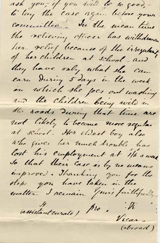 Large size image of Case 239 3. Letter from the Curate of St Andrew, Willesden concerning the family's finances  15 August 1883
 page 2