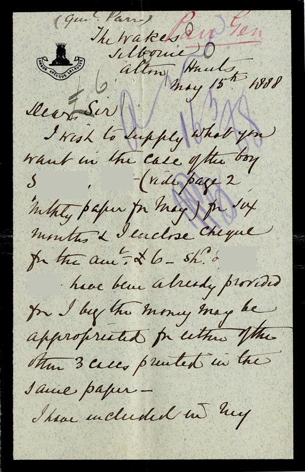 Large size image of Case 326 4. Letter to Revd Edward Rudolf from W.C. Parr 15 May 1888
 page 1