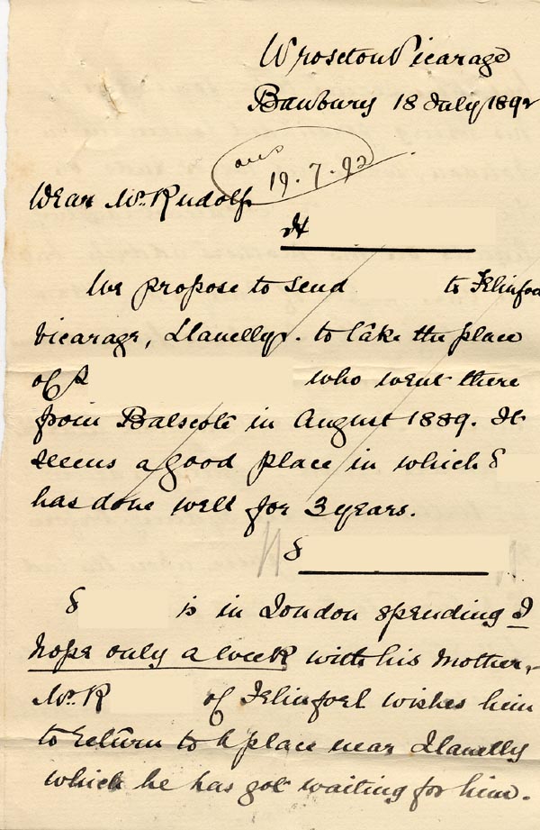 Large size image of Case 326 8. Letter to Revd Edward Rudolf from Revd Izat 18 July 1892
 page 1