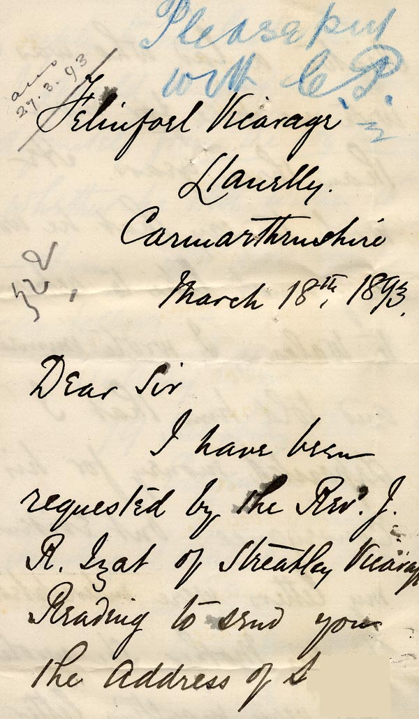Large size image of Case 326 10. Letter to Mr. Rudolf from Revd R. 18 March 1893
 page 1