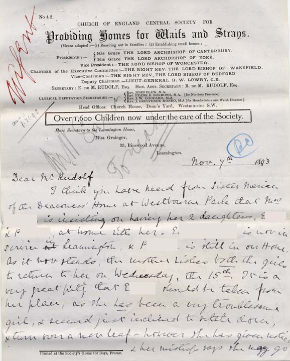 Large size image of Case 476 4. Letter from Alice Furneaux about the proposed removal of the girls to London  7 November 1893
 page 1